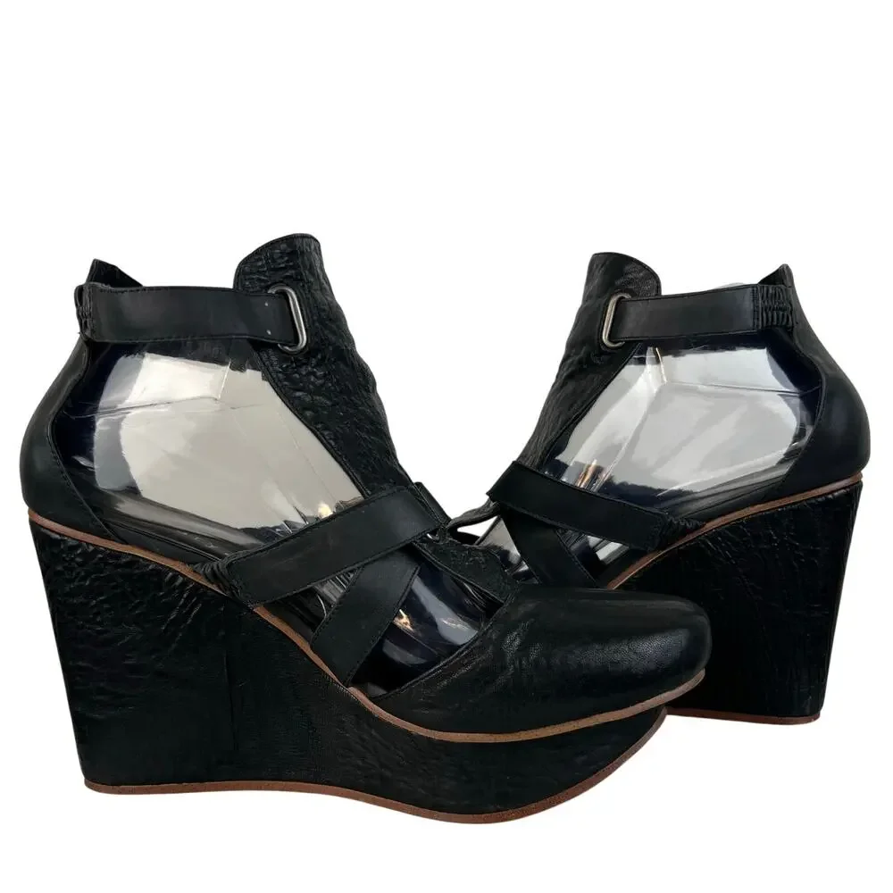 January, 6th Black Leather Buckle Platform Wedges Grunge Gothic Edgy (Sz 10)